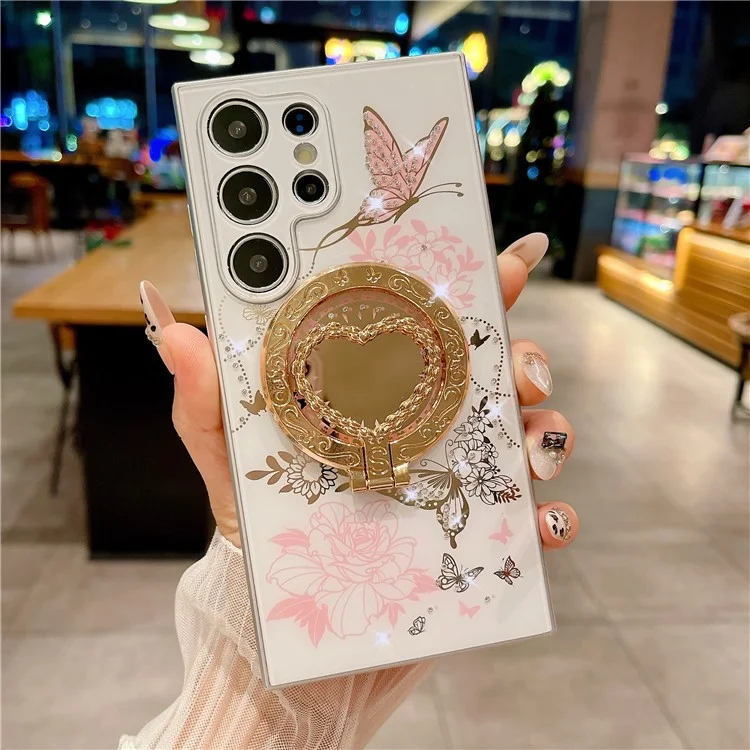 Funda magnética con soporte en forma de corazón para Samsung Galaxy S24 Ultra, cubierta de teléfono de TPU + PC con patrón de flor y mariposa - Blanco / Rosa