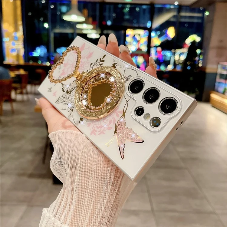 Funda magnética con soporte en forma de corazón para Samsung Galaxy S24 Ultra, cubierta de teléfono de TPU + PC con patrón de flor y mariposa - Blanco / Rosa
