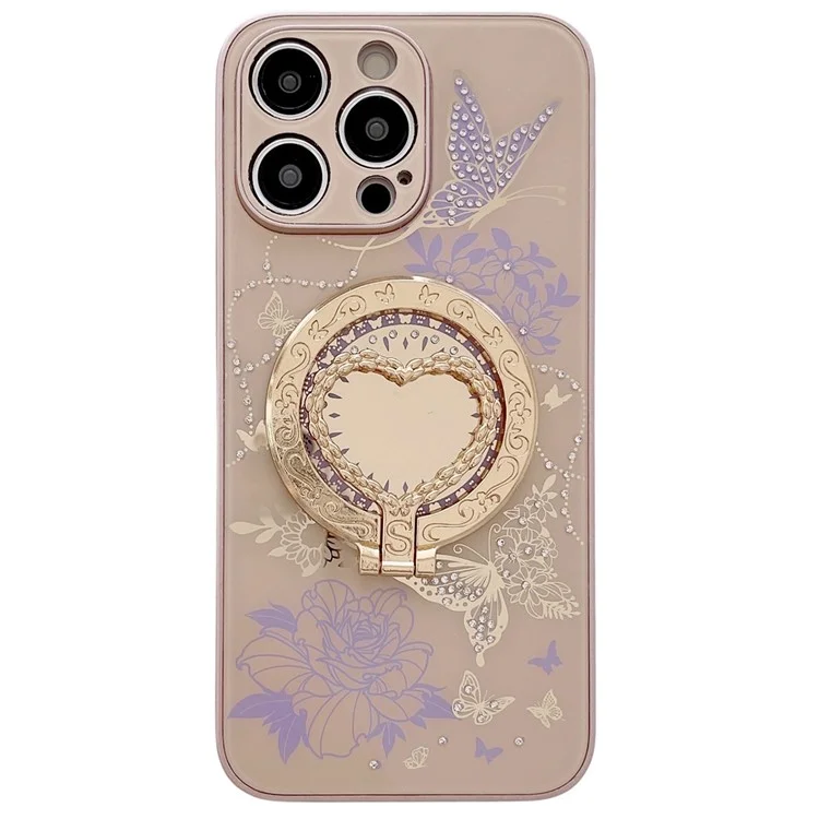 Für iPhone 15 Pro Max magnetische Hülle mit Herzform-Ständer, TPU + PC-Handyhülle mit Blumen-Schmetterlings-Muster - Braun / Lila