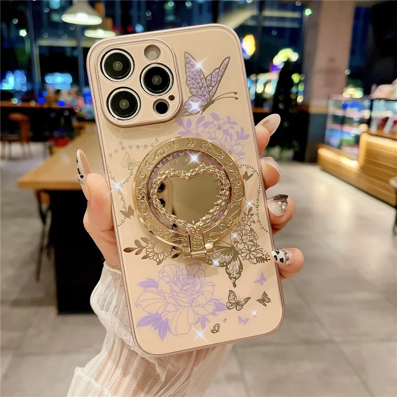 Für iPhone 15 Pro Max magnetische Hülle mit Herzform-Ständer, TPU + PC-Handyhülle mit Blumen-Schmetterlings-Muster - Braun / Lila