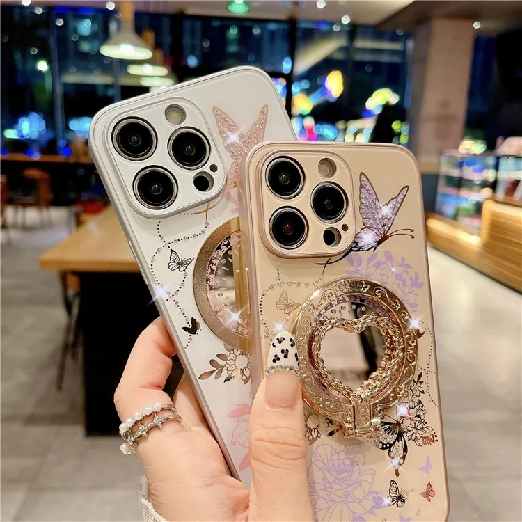 Für iPhone 15 Pro Max magnetische Hülle mit Herzform-Ständer, TPU + PC-Handyhülle mit Blumen-Schmetterlings-Muster - Braun / Lila