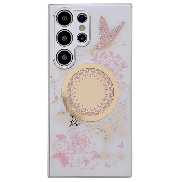 Étui pour Samsung Galaxy S23 Ultra compatible avec MagSafe, en TPU + PC, motif fleurs et papillons - Blanc / Rose