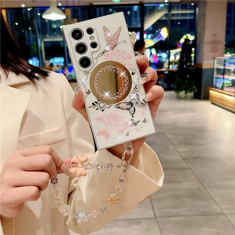Étui pour Samsung Galaxy S23 Ultra compatible avec MagSafe, en TPU + PC, motif fleurs et papillons - Blanc / Rose