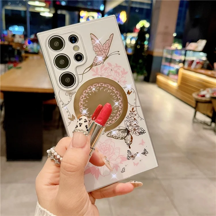 Étui pour Samsung Galaxy S23 Ultra compatible avec MagSafe, en TPU + PC, motif fleurs et papillons - Blanc / Rose