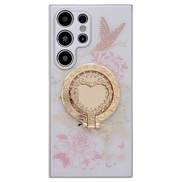 Funda magnética con soporte en forma de corazón para Samsung Galaxy S23 Ultra, cubierta de teléfono de TPU + PC con patrón de flores y mariposas - Blanco / Rosa