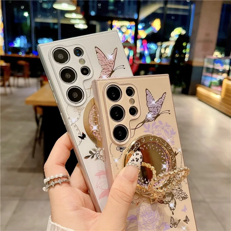 Funda magnética con soporte en forma de corazón para Samsung Galaxy S23 Ultra, cubierta de teléfono de TPU + PC con patrón de flores y mariposas - Blanco / Rosa
