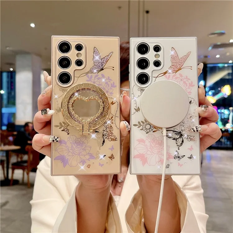 Funda magnética con soporte en forma de corazón para Samsung Galaxy S23 Ultra, cubierta de teléfono de TPU + PC con patrón de flores y mariposas - Blanco / Rosa