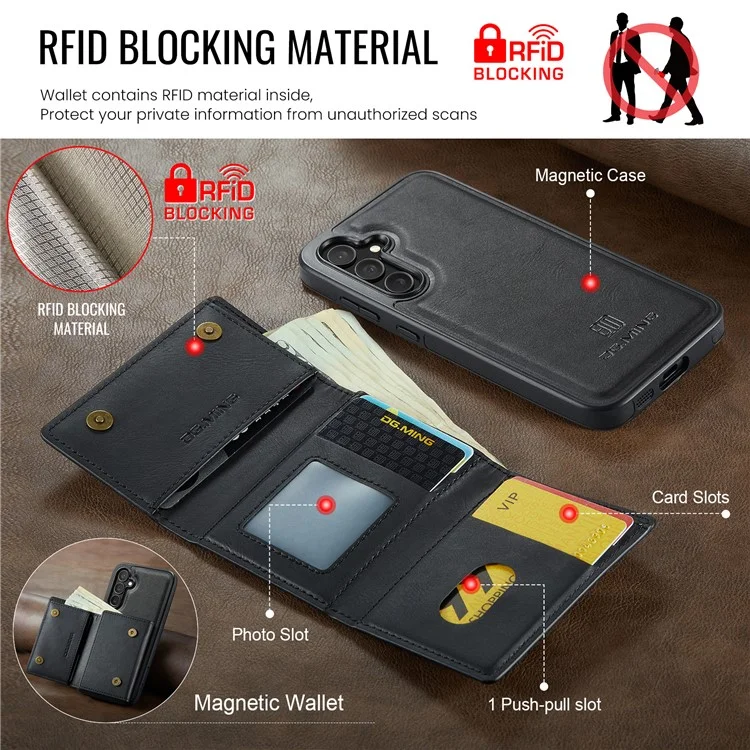 Funda DG.MING M6 para Samsung Galaxy S25+ Cartera magnética de PU + PC + TPU - Negro
