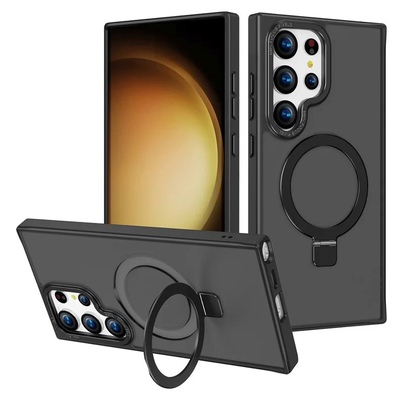 For Samsung Galaxy S25 Ultra Magnetic Case Anti-Drop TPU + PC Kickstand Phone Cover - Black