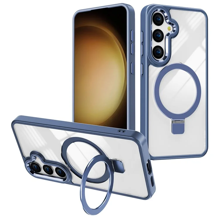 Coque pour Samsung Galaxy S25 compatible avec MagSafe, support intégré, en TPU et acrylique transparent - Bleu