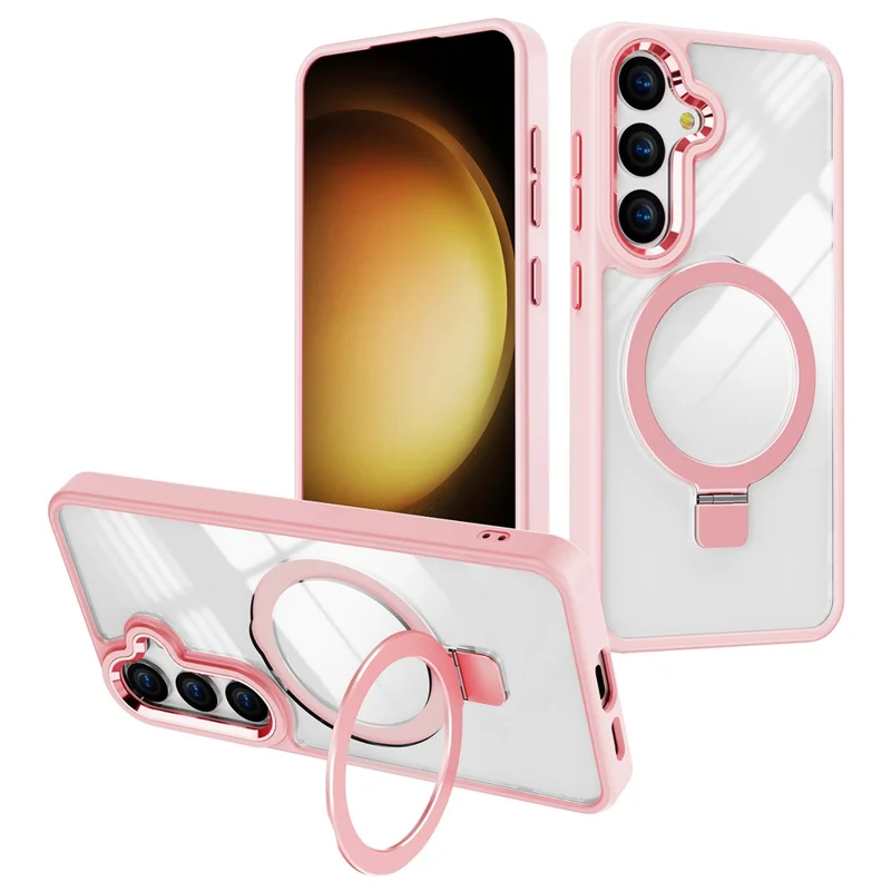 For Samsung Galaxy S25 Magnetic Case Kickstand TPU+PC Clear Phone Cover - Pink