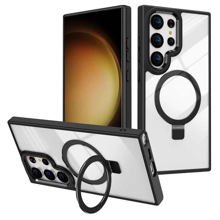 Étui pour Samsung Galaxy S25 Ultra compatible avec MagSafe, support intégré, coque en TPU + acrylique transparent - Noir