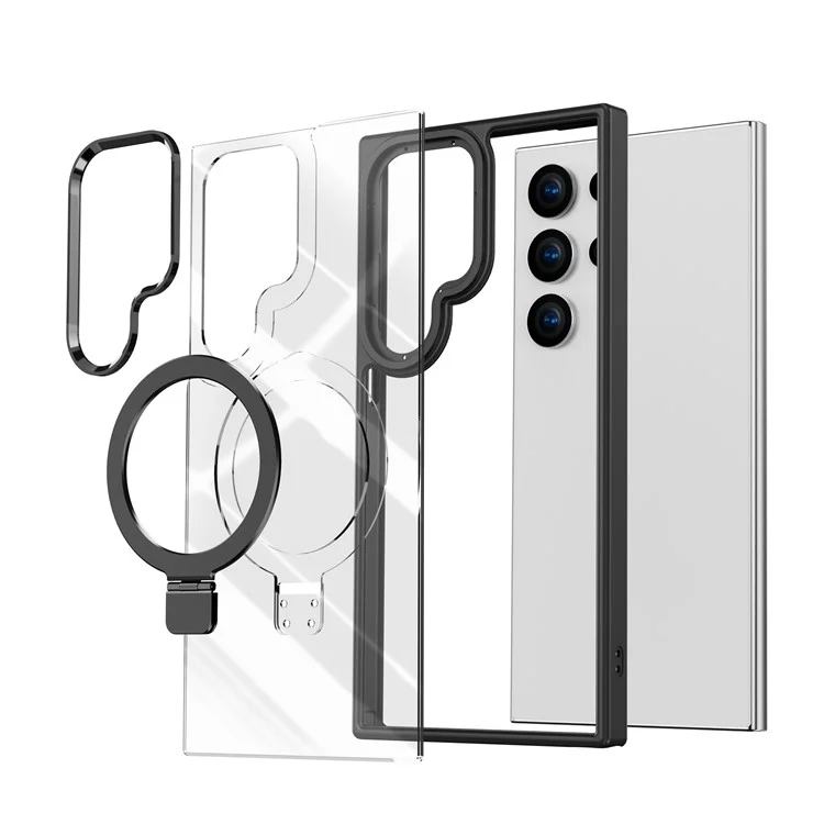 Étui pour Samsung Galaxy S25 Ultra compatible avec MagSafe, support intégré, coque en TPU + acrylique transparent - Noir