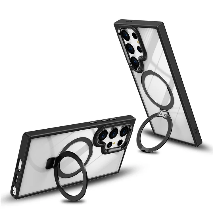 Étui pour Samsung Galaxy S25 Ultra compatible avec MagSafe, support intégré, coque en TPU + acrylique transparent - Noir