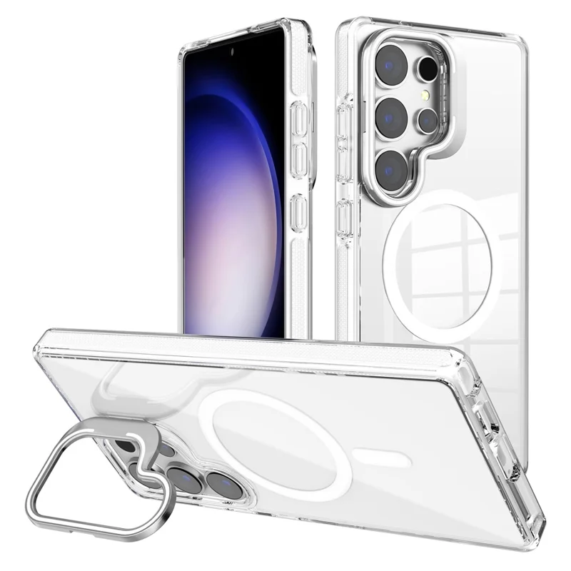 For Samsung Galaxy S25 Ultra Magnetic Case TPU + PC Phone Cover with Lens Kickstand - White