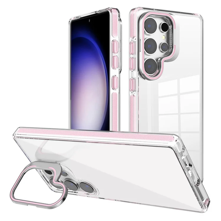 Funda para Samsung Galaxy S23 Ultra con marco para lente, soporte y cubierta de teléfono transparente de PC + TPU - Rosa