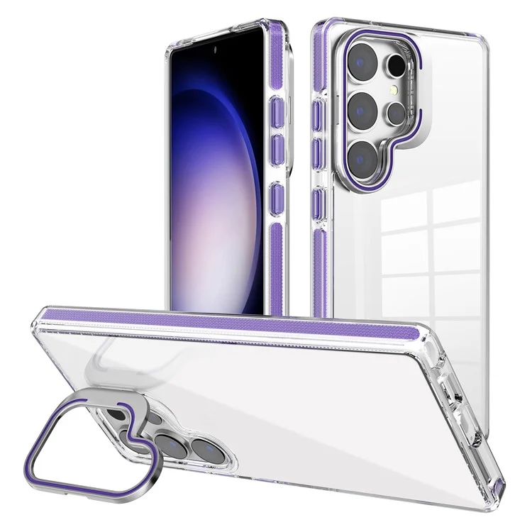Für Samsung Galaxy S25 Ultra Hülle mit Linsenrahmen Ständer PC + TPU transparente Handyhülle - Dunkelviolett