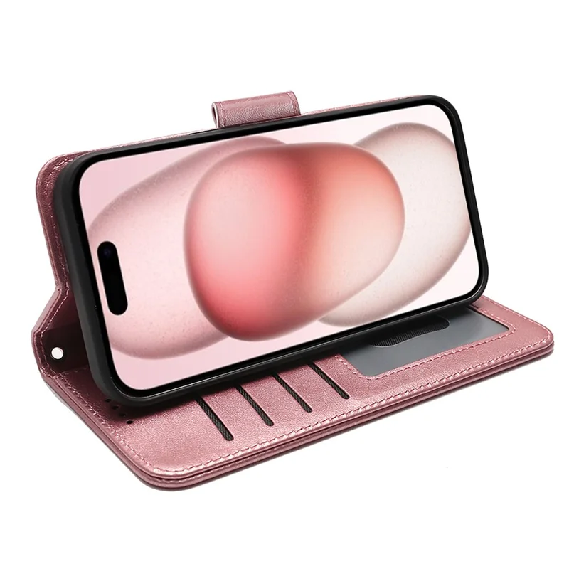 For iPhone 15 Case Stand Card Holder Wallet Leather Phone Cover - Rose Gold