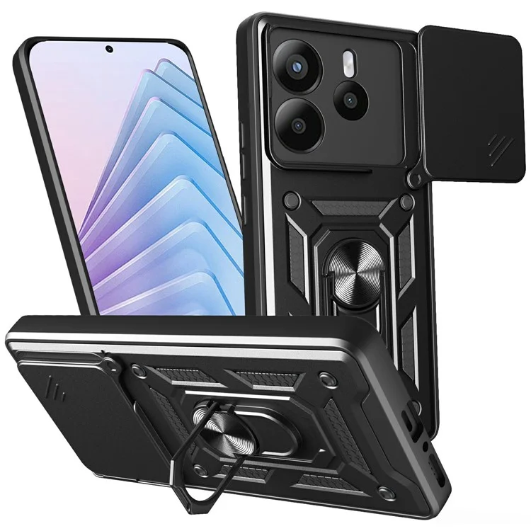 Custodia per Xiaomi Redmi Note 14 5G con coperchio scorrevole per la fotocamera in PC + TPU con supporto - Nero
