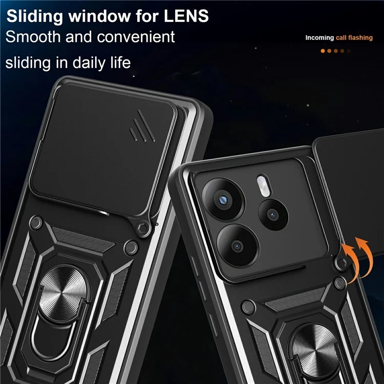 Custodia per Xiaomi Redmi Note 14 5G con coperchio scorrevole per la fotocamera in PC + TPU con supporto - Nero