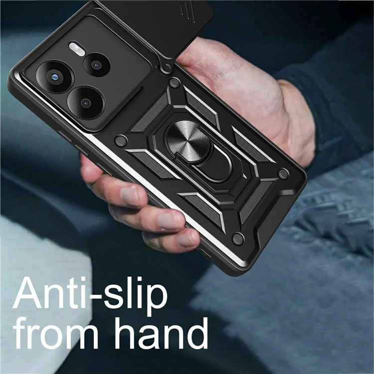 Custodia per Xiaomi Redmi Note 14 5G con coperchio scorrevole per la fotocamera in PC + TPU con supporto - Nero