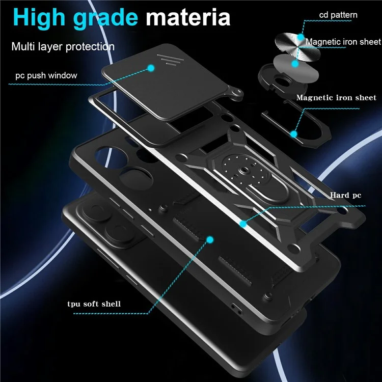 Custodia per Xiaomi Redmi Note 14 5G con coperchio scorrevole per la fotocamera in PC + TPU con supporto - Nero