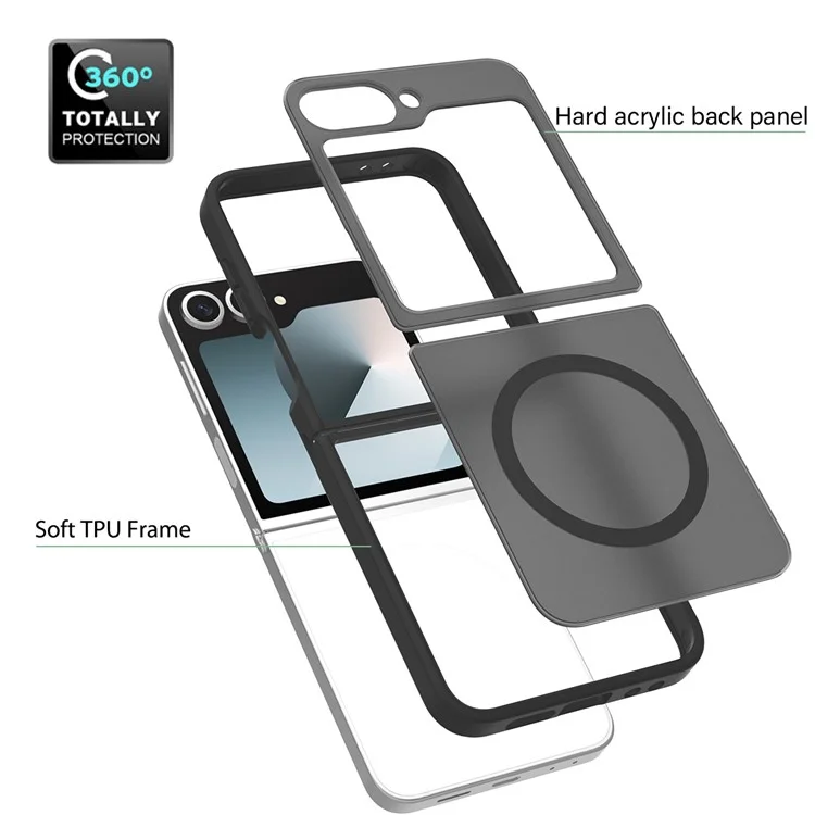 Coque pour Samsung Galaxy Z Flip6 5G compatible avec MagSafe, cadre en TPU et dos en acrylique - Noir