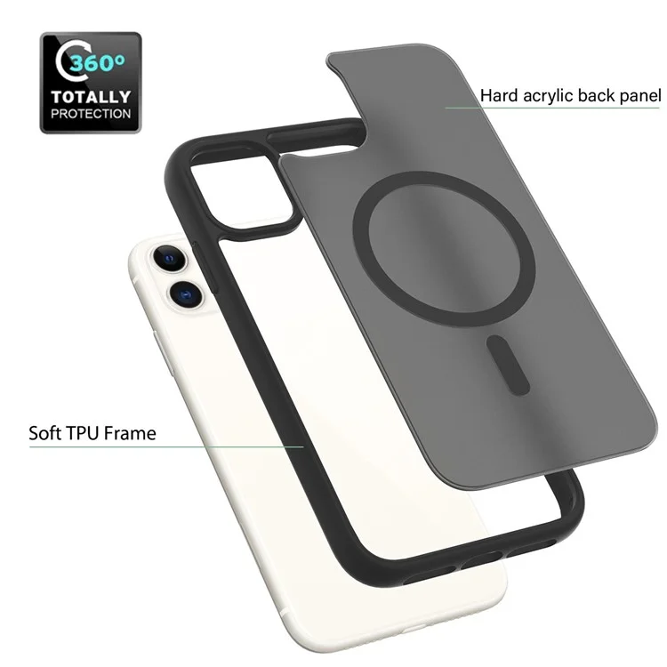 Funda para iPhone 11 / XR compatible con MagSafe, marco de TPU y cubierta de teléfono con parte trasera de acrílico y tacto - Negro