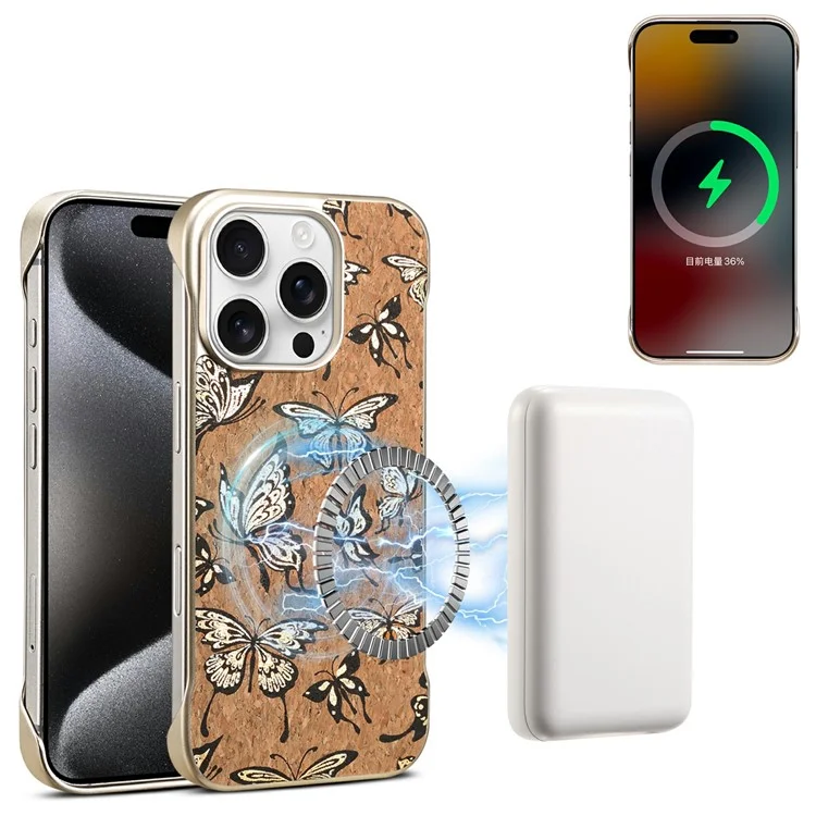 Étui magnétique invisible compatible avec MagSafe pour iPhone 16 Pro, couverture arrière en peinture cuite - Papillon doré