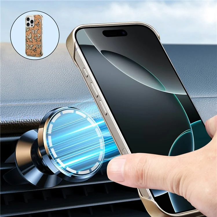 Étui magnétique invisible compatible avec MagSafe pour iPhone 16 Pro, couverture arrière en peinture cuite - Papillon doré