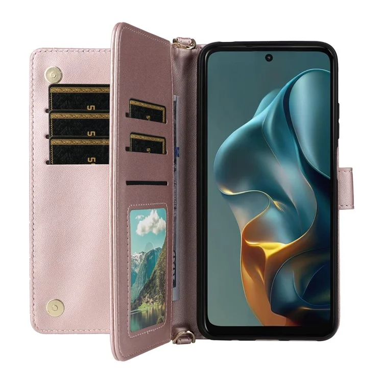 Für Motorola Moto G05 4G / E15 4G Geldbörse mit Schulterriemen Lederhandyhülle - Pink