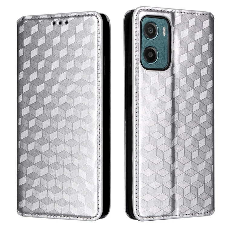 For Motorola Moto G05 4G / E15 4G Custodia portafoglio con motivo a rombi in pelle - Argento