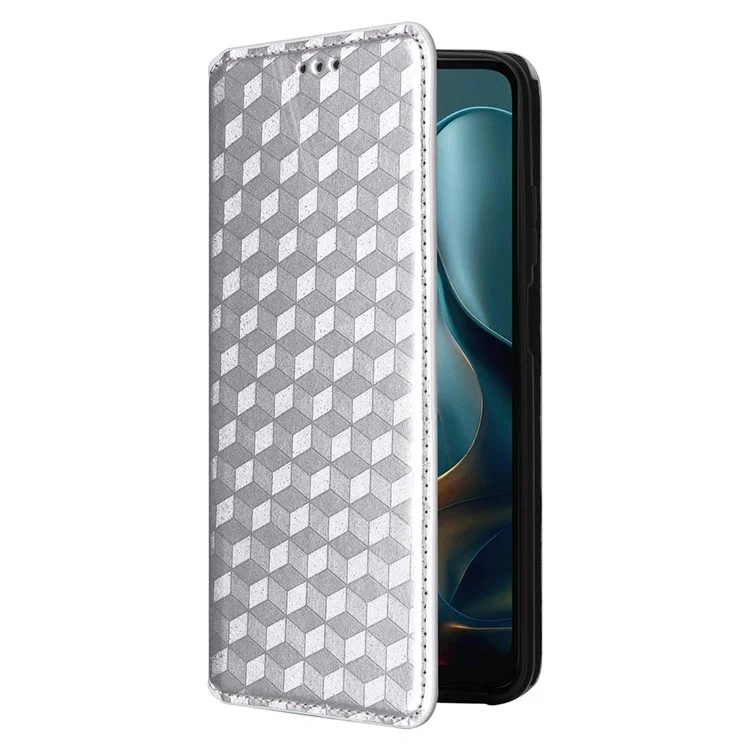 For Motorola Moto G05 4G / E15 4G Custodia portafoglio con motivo a rombi in pelle - Argento