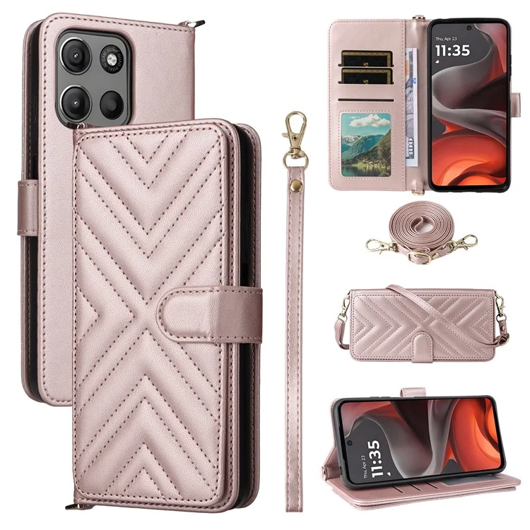 For Motorola Moto G15 Power 4G  /  G15 4G Wallet Case with Shoulder / Wrist Strap Leather Phone Cover Stand - Pink