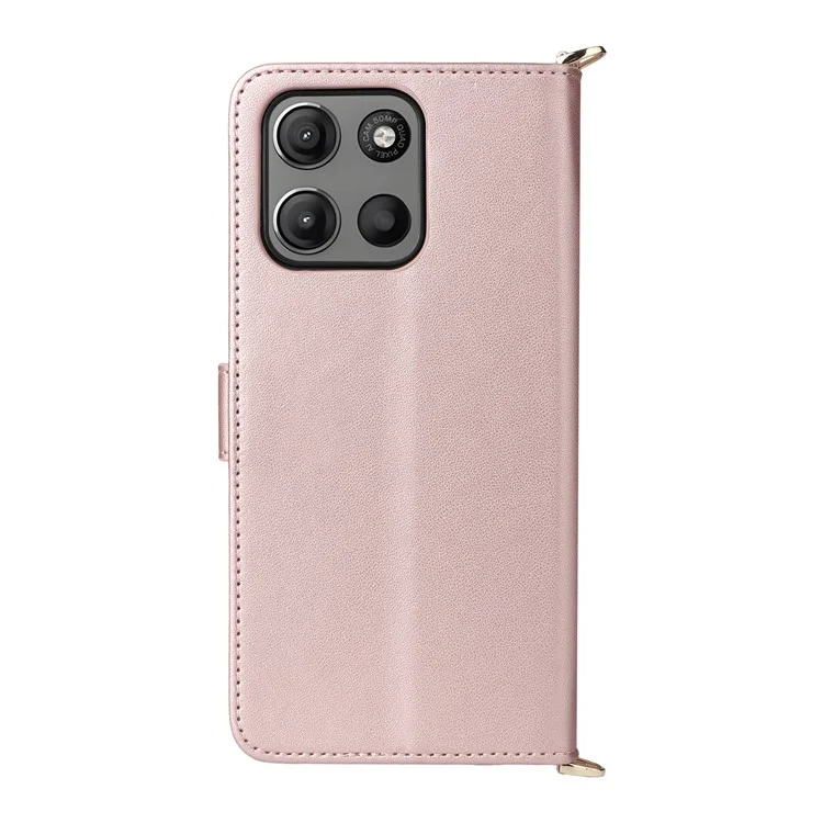 For Motorola Moto G15 Power 4G  /  G15 4G Wallet Case with Shoulder / Wrist Strap Leather Phone Cover Stand - Pink