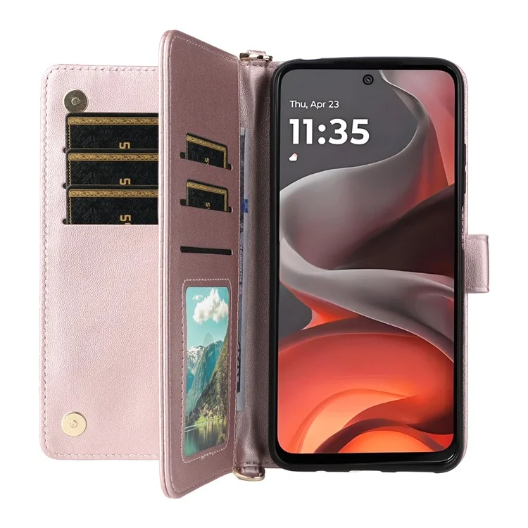 For Motorola Moto G15 Power 4G  /  G15 4G Wallet Case with Shoulder / Wrist Strap Leather Phone Cover Stand - Pink