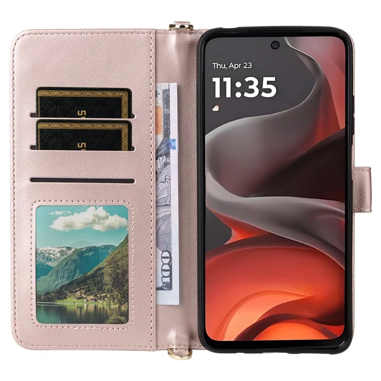 For Motorola Moto G15 Power 4G  /  G15 4G Wallet Case with Shoulder / Wrist Strap Leather Phone Cover Stand - Pink