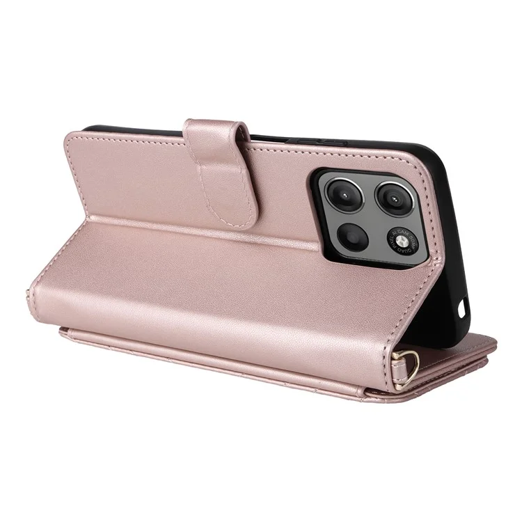 For Motorola Moto G15 Power 4G  /  G15 4G Wallet Case with Shoulder / Wrist Strap Leather Phone Cover Stand - Pink
