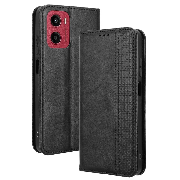Für Motorola Moto G05 4G / E15 4G Lederetui Portemonnaie Ständer Retro Textur Handyhülle - Schwarz