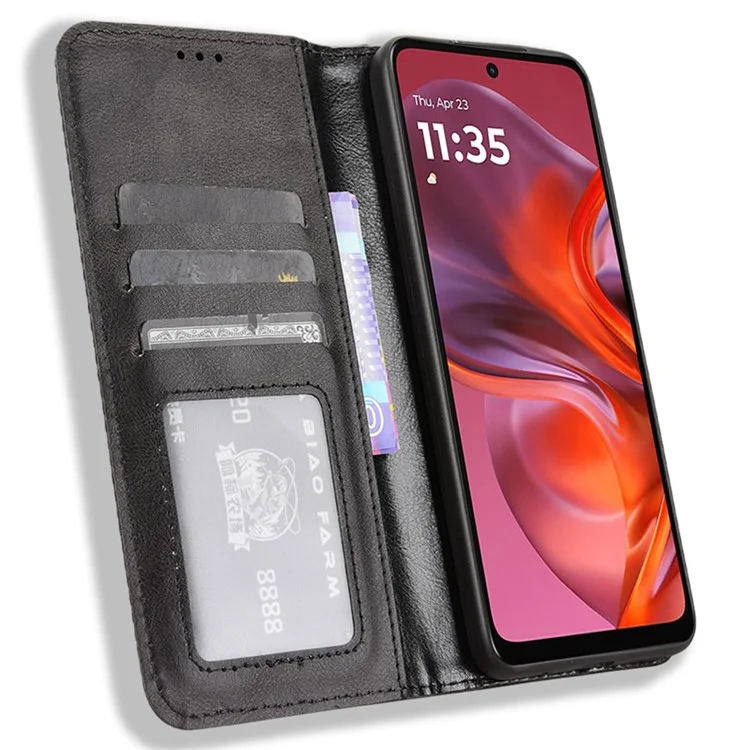 Für Motorola Moto G05 4G / E15 4G Lederetui Portemonnaie Ständer Retro Textur Handyhülle - Schwarz