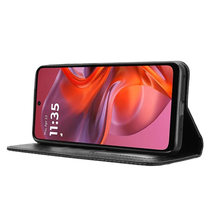 Für Motorola Moto G05 4G / E15 4G Lederetui Portemonnaie Ständer Retro Textur Handyhülle - Schwarz