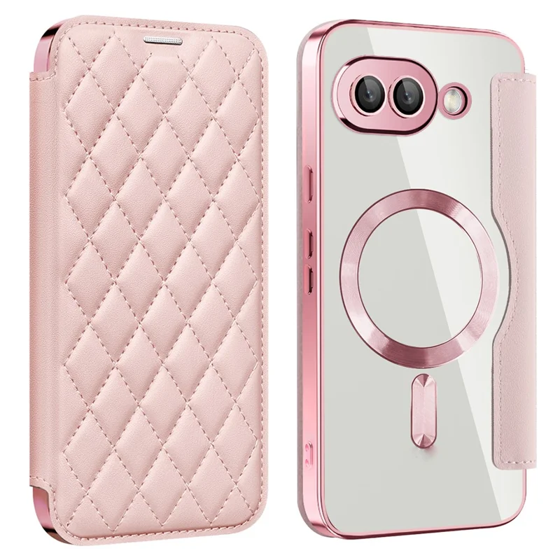 For Google Pixel 9a Magnetic Case Rhombus PU Leather Phone Cover - Pink
