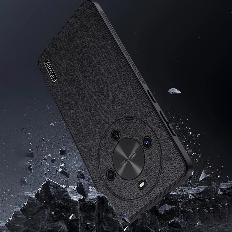 For Wiko Hi Enjoy 70 Plus 5G Case Wood Texture PU Leather Coated PC TPU Phone Cover - Black