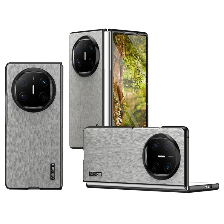 For Huawei Mate X6 Case Wood Texture PU Leather Coated PC TPU Phone Cover - Grey
