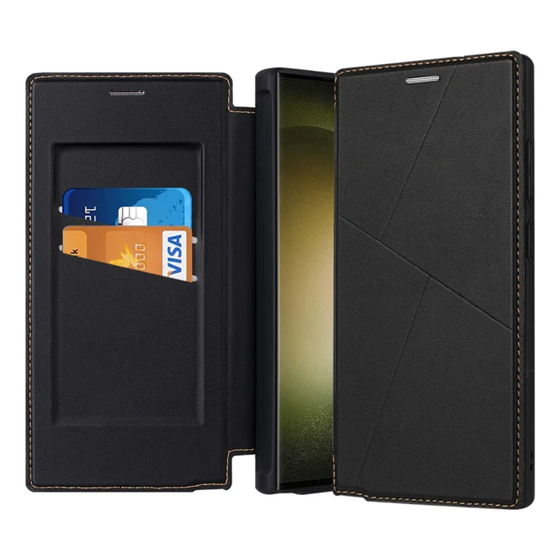 Étui de protection pour Samsung Galaxy S23 Ultra avec fermeture magnétique, emplacement pour carte et revêtement en cuir - Noir