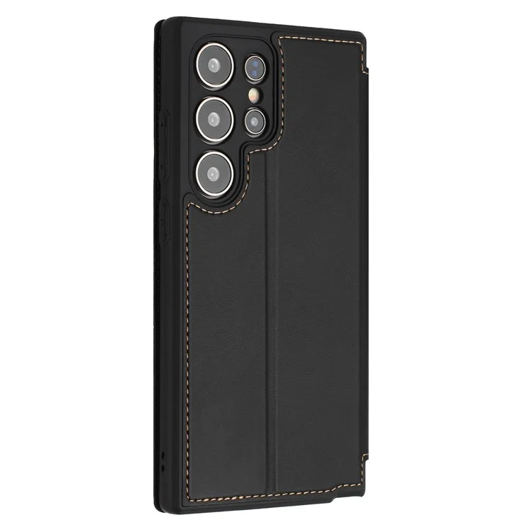 Étui de protection pour Samsung Galaxy S23 Ultra avec fermeture magnétique, emplacement pour carte et revêtement en cuir - Noir