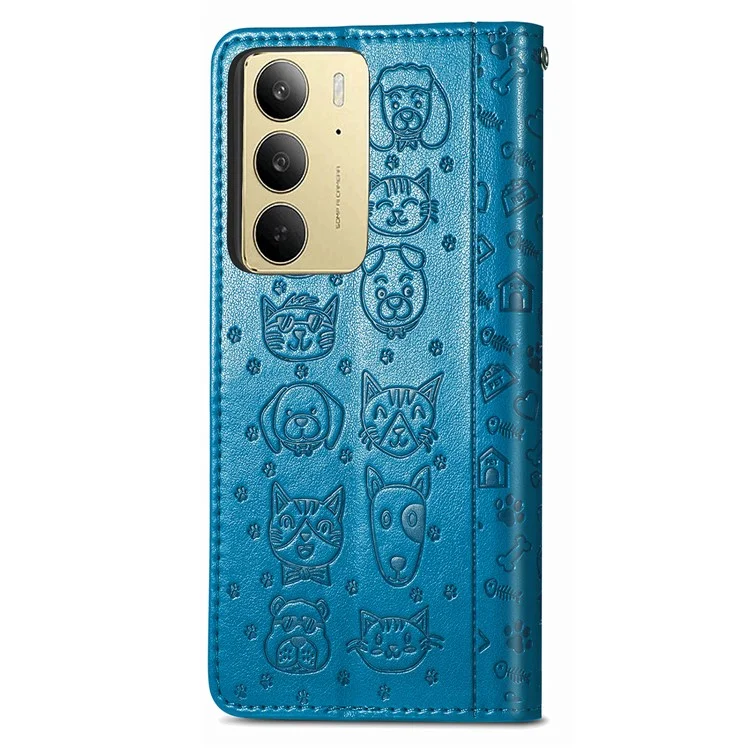 Чехол-книжка для Realme C75 из искусственной кожи с милым рисунком кошки или собаки - синий