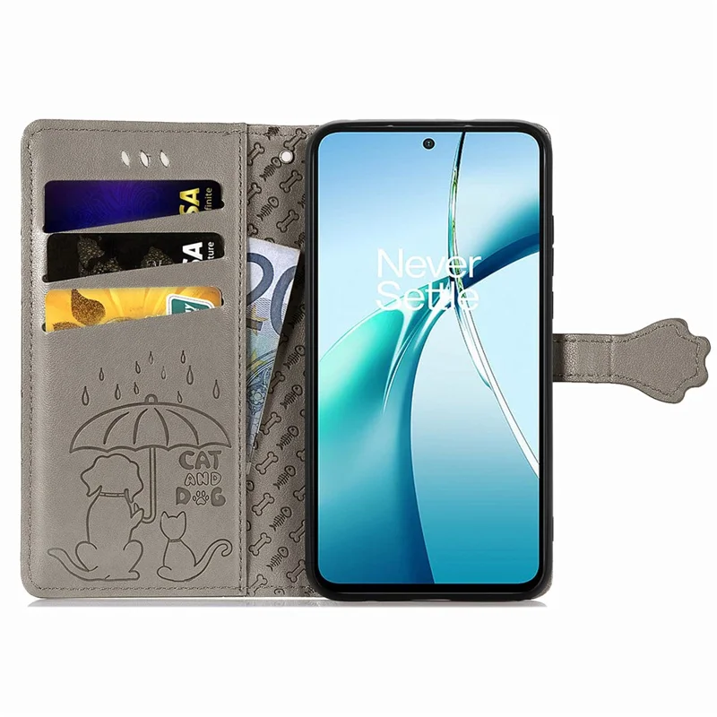 For Realme C75 4G Leather Wallet Case Flip Phone Cover with Cute Cat Dog Pattern - Grey