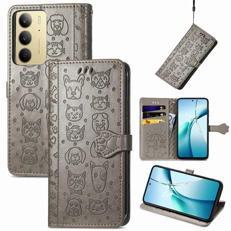 For Realme C75 4G Leather Wallet Case Flip Phone Cover with Cute Cat Dog Pattern - Grey