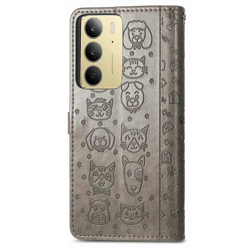 For Realme C75 4G Leather Wallet Case Flip Phone Cover with Cute Cat Dog Pattern - Grey